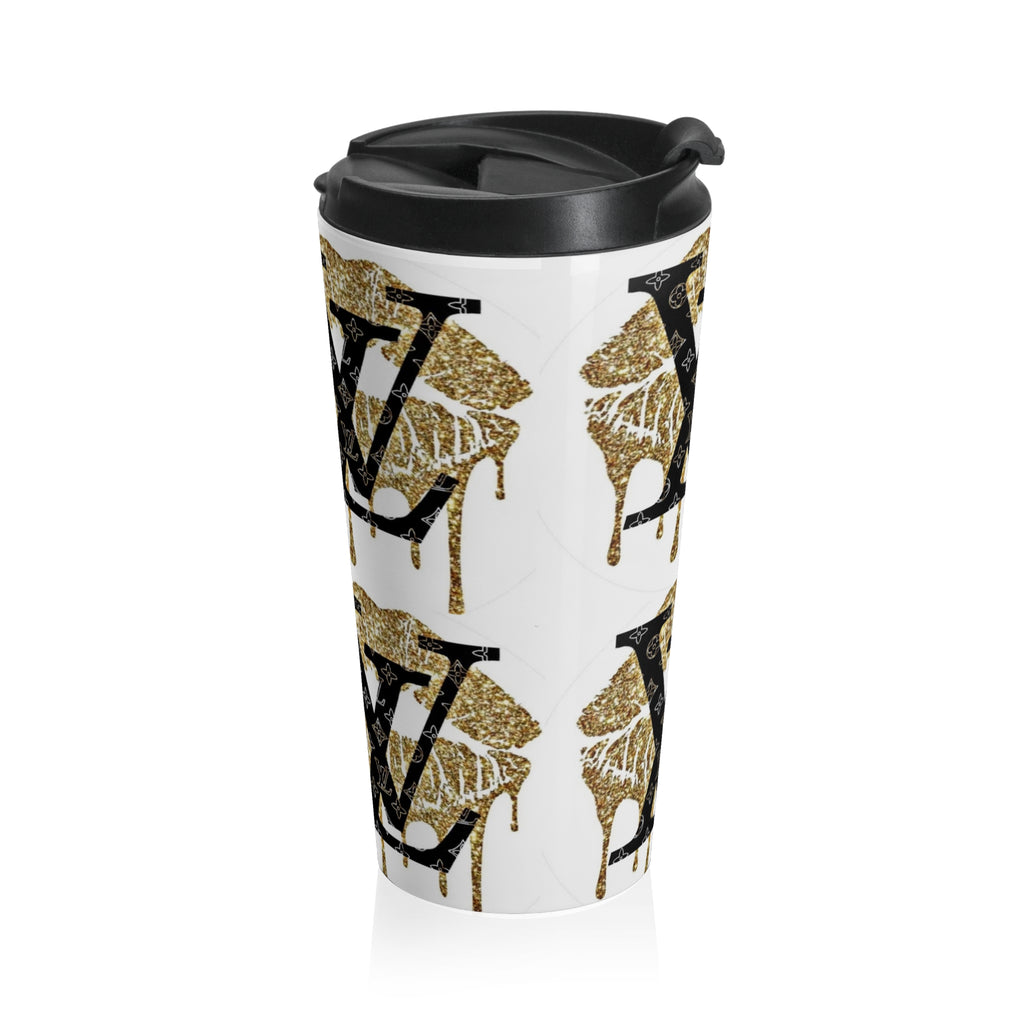 Gold Dripping LV Stainless Steel Travel Mug, Stylish Coffee Cup, Luxe Travel Mug, Designer Insulated Mug, Perfect Gift for Fashion Lovers