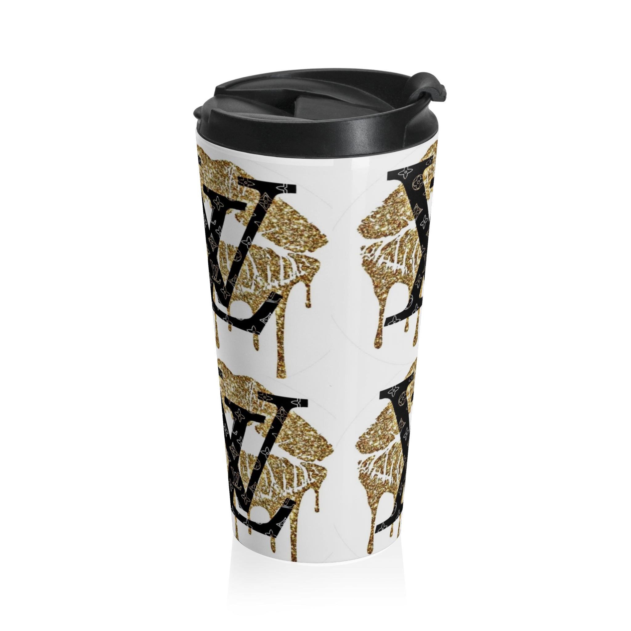 Gold Dripping LV Stainless Steel Travel Mug, Stylish Coffee Cup, Luxe Travel Mug, Designer Insulated Mug, Perfect Gift for Fashion Lovers