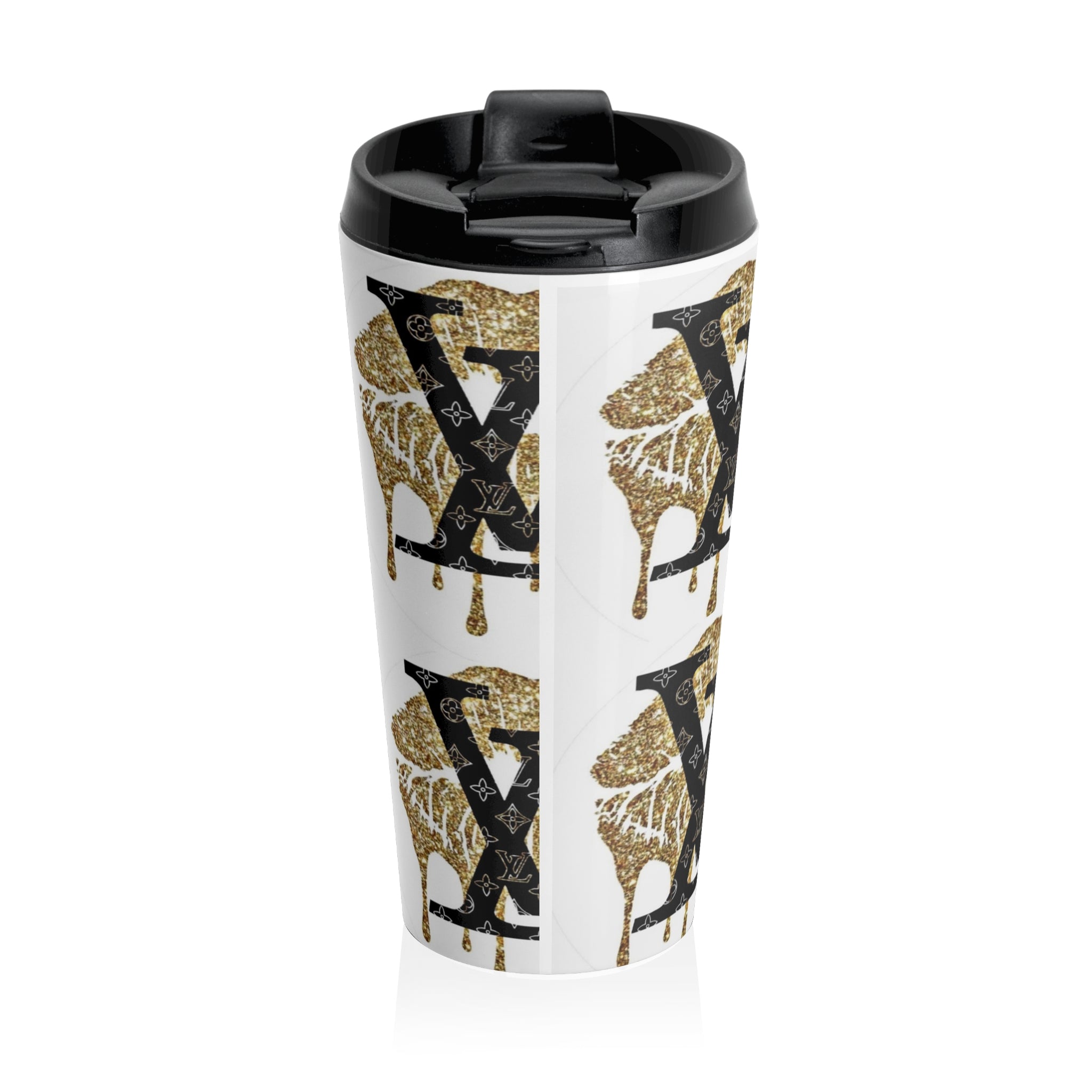 Gold Dripping LV Stainless Steel Travel Mug, Stylish Coffee Cup, Luxe Travel Mug, Designer Insulated Mug, Perfect Gift for Fashion Lovers