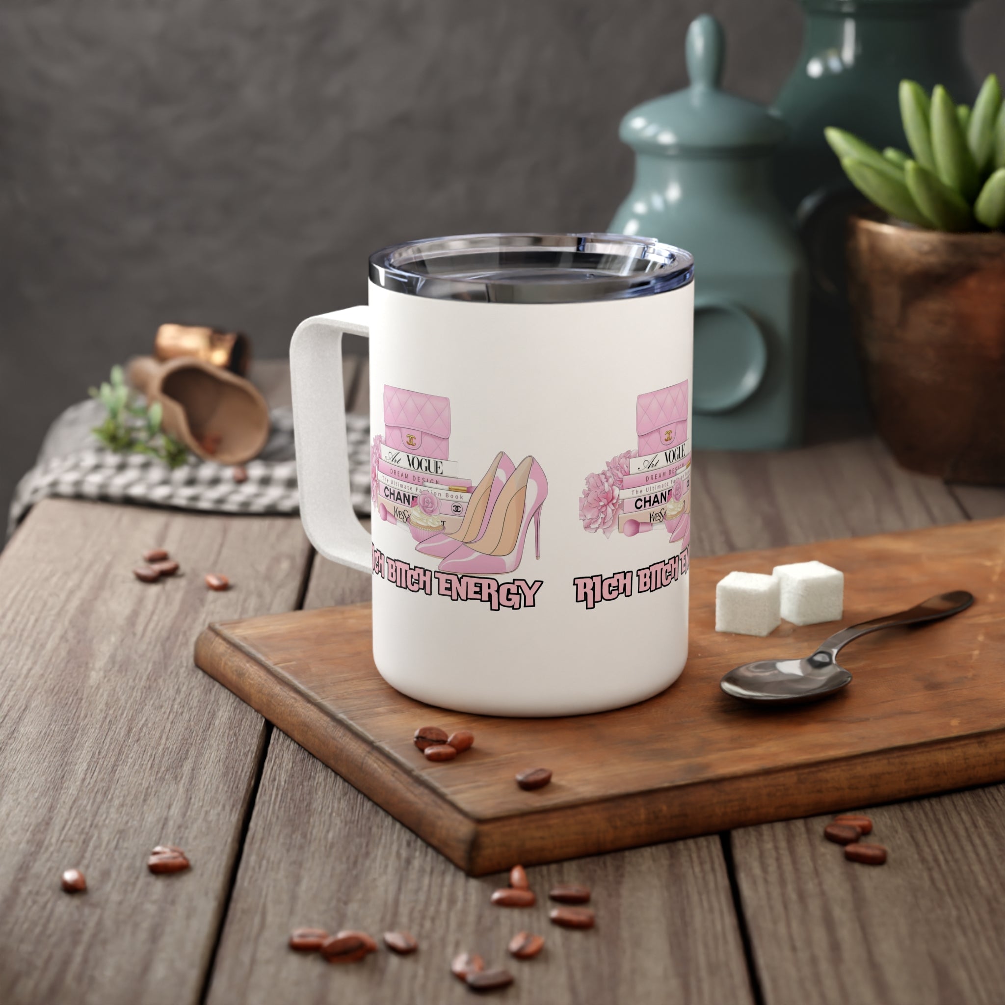 Chic Insulated Coffee Mug, Rich Bitch Energy, Motivational Gift, Travel Mug, Coffee Lover Gift, Empowerment Mug, Fashionista Accessory