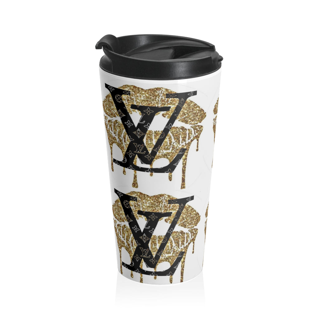Gold Dripping LV Stainless Steel Travel Mug, Stylish Coffee Cup, Luxe Travel Mug, Designer Insulated Mug, Perfect Gift for Fashion Lovers