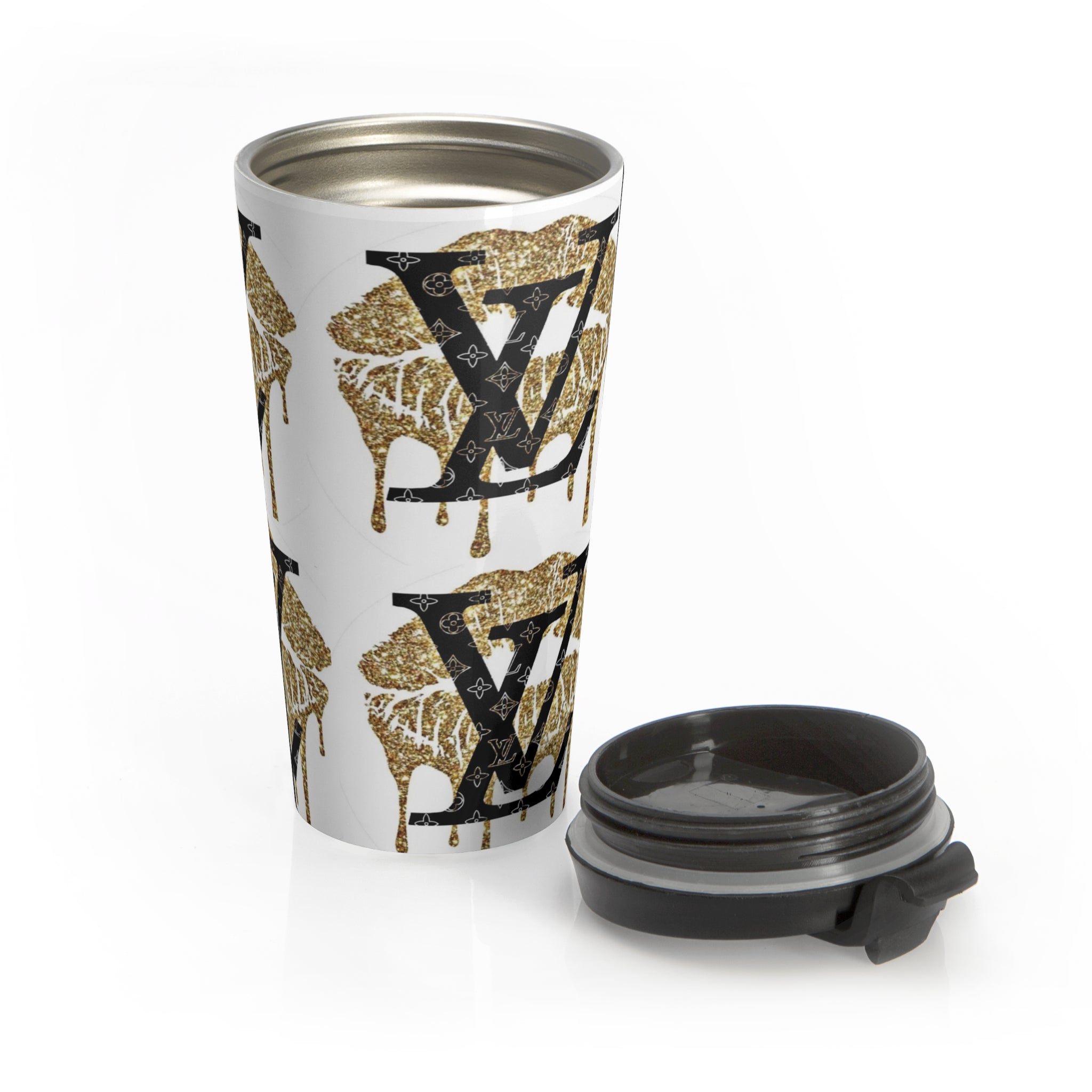 Gold Dripping LV Stainless Steel Travel Mug, Stylish Coffee Cup, Luxe Travel Mug, Designer Insulated Mug, Perfect Gift for Fashion Lovers